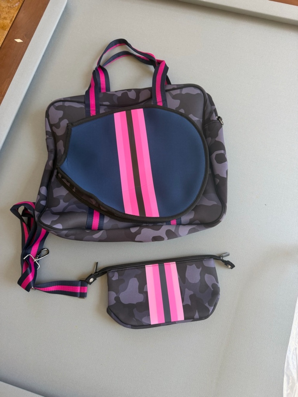 Runway Athletics Neoprene Camo Tote Tennis bag with Pink Stripe Accen